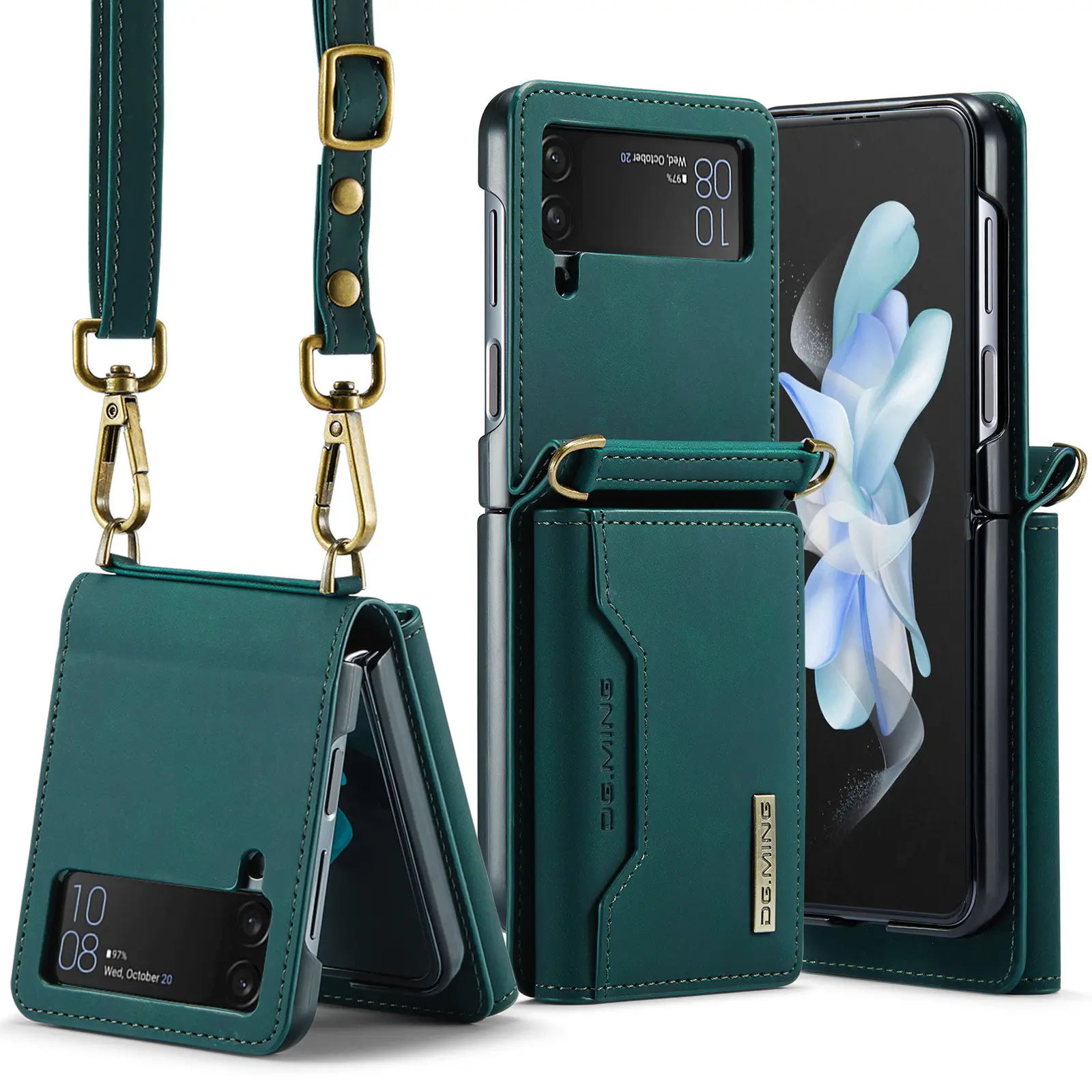 Crossbody Strap Leather Folding Case for Samsung Galaxy Z Flip 5 4 3 Detachable 2 in 1 Back Wallet Bag Case