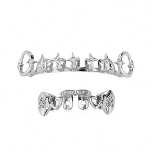 Grillz para dientes con diseño de estrella y cruz, conjunto plateado, diseño geométrico, engaste de bisel, unisex, para uso diario. - Product Image 4