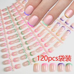 120 <span class=keywords><strong>faux</strong></span> ongles carrés courts français, couvrance totale, multicolores, à presser, couleur arc-en-ciel, extensions artificielles, capsules d'ongles - Product Image 2