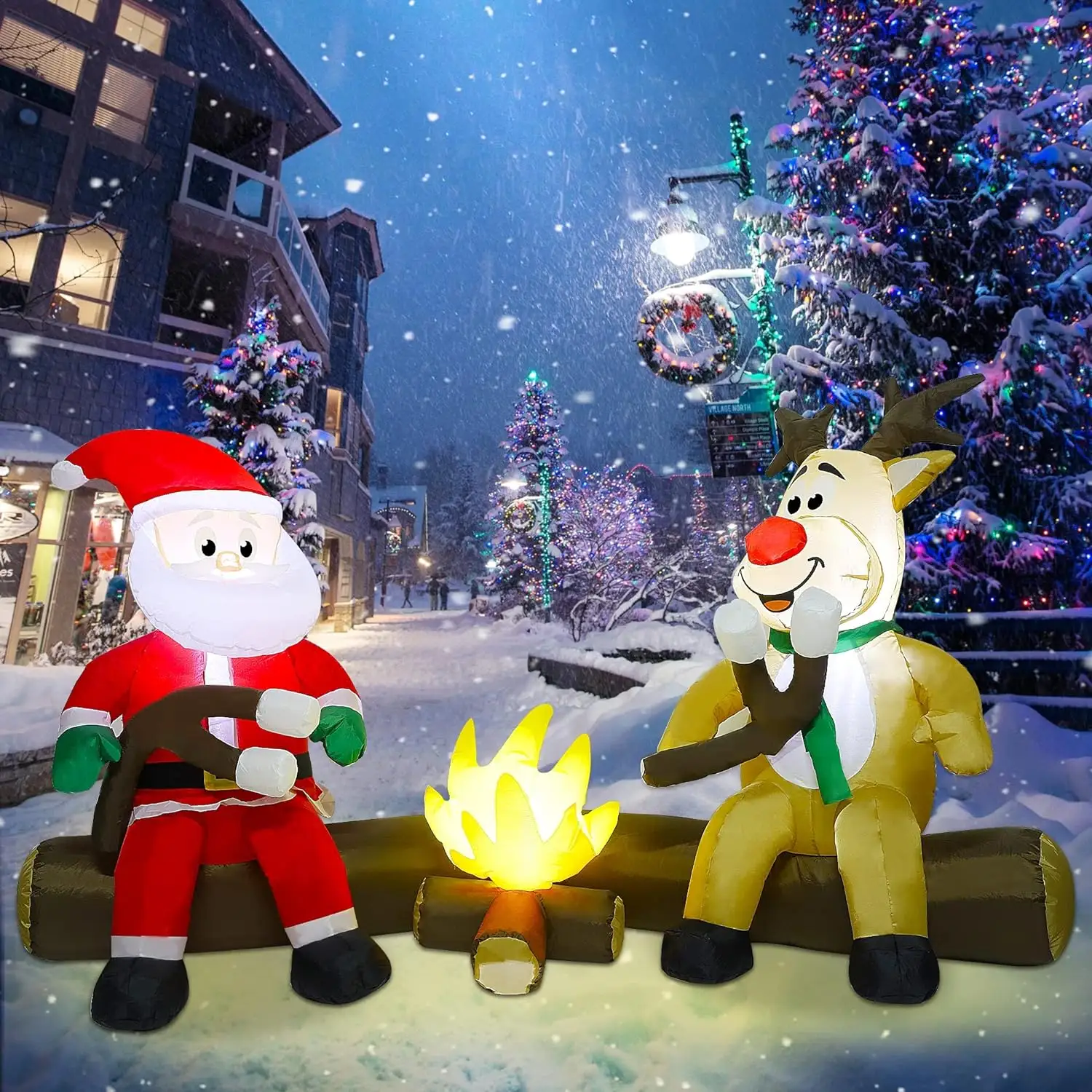 Nuevo Papá Noel inflable y Reno asar malvaviscos sobre fogata patio al aire libre decoración inflable de Navidad