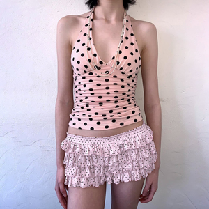 กระโปรงมินิลายจุดสีชมพูหวานๆ สไตล์ลำลองสำหรับฤดูร้อนปี 2026 เอวต่ำแบบมีชั้น แต่งสีตัดกัน - Product Image 5