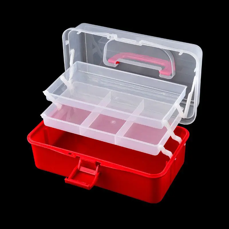 ポータブル赤い空の3層ネイルジュエリー収納ボックス透明プラスチック整理マニキュアアクセサリーツールケース
