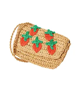 Femmes été fait à la main Crochet paille sac à main fraise tissé plage vacances Mini téléphone sac à bandoulière