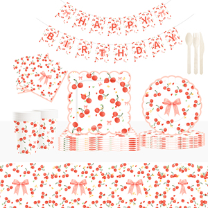 DAMAI Nuevo Diseño con Temática de Frutas, Juego de Vajilla Desechable de Papel para Fiesta de Cumpleaños Rosa, con Platos, Servilletas y Vasos, con Nudo y Cereza - Product Image 1