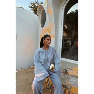 Ensemble pantalon 2 pièces en lin 100% bleu Rozi, longueur au-dessus du genou, taille XS, tenue en deux pièces, commande minimum 2 pièces - Product Image 4