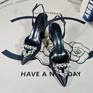 Elegant White Satin <b>Pointed</b> Toe Slingback Sparkling Crystal Heart Buckle and Adjustable Ankle Straps Heels for Women - Product Image 5