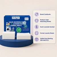 Feuilles de lavage absorbantes Zourunan parfum lavande 200+640 pièces OEM Marque privée Boîte Logo personnalisé Vente en gros