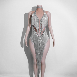 Combinaison à franges en strass argenté métallisé Ice Queen pour spectacle de scène, showgirl, diva, drag queen, disco, rave, costume de danseuse - Product Image 1
