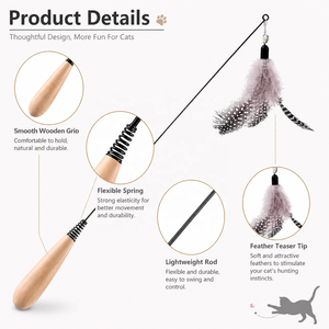 Varita de juguete para gatos con mango de madera, plumas, cascabel y cabezal intercambiable de alambre flexible, juguete interactivo de caza para gatitos, venta al por mayor - Product Image 2