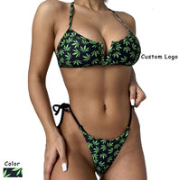 Maillot de bain Sexy imprimé feuilles de mauvaises herbes, ensemble deux pièces, culotte tanga, Logo personnalisé, costume de bain, Sexy, 2021