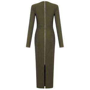 Elegante <span class=keywords><strong>Abito</strong></span> <span class=keywords><strong>Midi</strong></span> <span class=keywords><strong>Verde</strong></span> Oliva con Maniche Lunghe e Bustier Traforato, Vestito Aderente da Donna per Feste Formali e Serate - Product Image 3