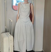 Ensemble Complet de Costume d'Été Rayé Style Français pour Femme - Haut Sans Manches en Polyester Longueur Mi-Mollet Super Tendance Tenue 2026