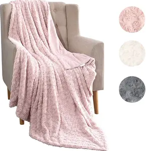 Rose Queen Size Roze Harige Fleece Deken Bloem Ontwerp Deken
