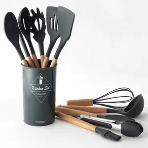 11 Buah Satu Set dengan Pemegang Silikon Desain Populer Warna Hitam Pegangan Kayu Peralatan Dapur Rumah Silikon