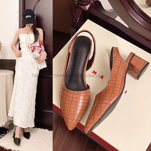 Women's Thick Heel Elegant <b>Closed</b> <b>Toe</b> Summer New Arrival Pointed <b>Toe</b> Plus Size Grids Pattern Sexy Mid-heel - Product Image 1