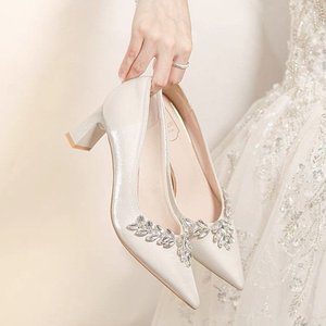 Spark Rhinestone <b>Satin</b> Party Heels Pointed Toe Block Heel Slip On Elegant Formal <b>Wedding</b> Bridal Footwear - Product Image 5