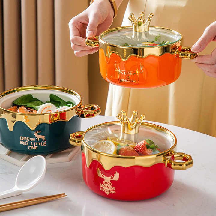 Binaural Instant Noodle Bowl Color Glazed Ceramic Bowls With Lid and Chopsticks Spoon