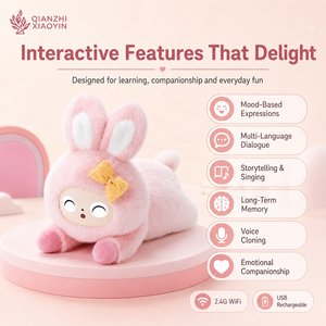 Grande Peluche Lapin Rose IA 36cm, Position Allongée, Visage <span class=keywords><strong>de</strong></span> Poupée ABS, Nœud Doré, Fonction <span class=keywords><strong>de</strong></span> Clonage Vocal 80+ Langues, Mémoire Longue Durée, Puce TUYA T5 - Product Image 2