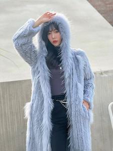 YRFUR YR023 diseño de moda tejido a mano piel de conejo auténtica con piel de perro mapache recorte X-Long Coat - Product Image 4