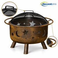 Brasero rond en bois avec écran anti-étincelles en maille, motif étoile et lune en bronze, sur trois pieds, pour jardin extérieur