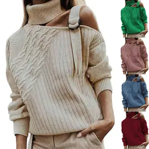 カスタマイズされたピンクウールアクリルソフトデザインあなた自身のオフショルダープルオーバー秋冬女性のための特大ニットセーター