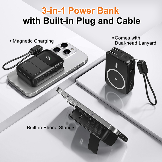 Super Fast Charging 10000mAh 5-in-1 Power Bank with Built-in Type-C Cable and AC Plug 22.5W Portable Travel Charger for iPhone