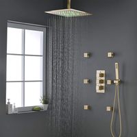 Système de douche pluie en laiton doré brossé 12 pouces avec LED, robinetterie thermostatique et douchette à main HOMEDEC