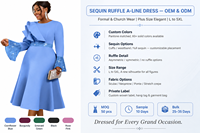 Robe mi-longue pour femme grande taille, bleu clair, à sequins, à volants, à manches trompette, coupe trapèze. Robe de soirée élégante et tendance.