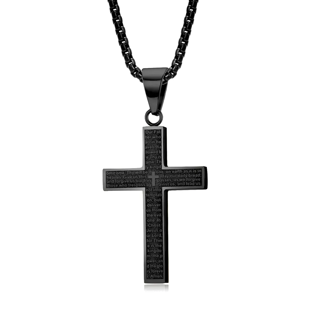 High Polished Stainless Steel Men's Cross Necklace Plated with 18K Gold Bible Scripture Cross Pendant