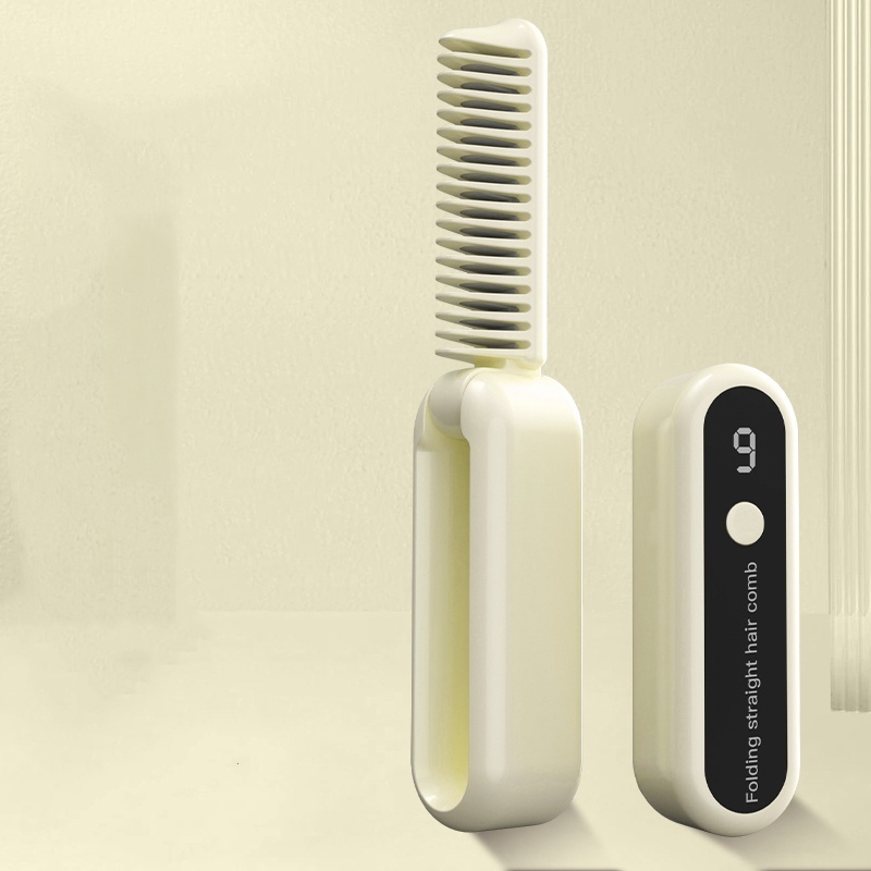 Beige Portable Foldable Cordless Hair Straightener Comb - 2-in-1 Ionic Styling for Smooth, Frizz-Free Hair