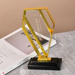 Trophée en cristal de verre respectueux de l'environnement, cadre Hexagonal en métal doré, trophée personnalisé en cristal Transparent, cadeaux d'affaires