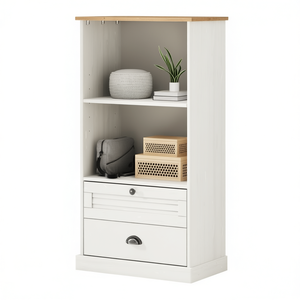 Libreria Bianca in Legno di Pino Massiccio con 2 Cassetti e 2 Ripiani, Mobile per Soggiorno, Design Moderno Scandinavo - Product Image 1