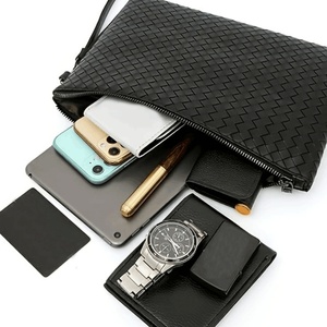 Business Men PU Leather <strong>Clutch</strong> <strong>Bag</strong> Woven Texture Embossed Design Large Capacity Hand Pouch <strong>With</strong> Detachable <strong>Wrist</strong> <strong>Strap</strong> - Product Image 6