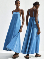 Robe longue décontractée en jean à fines bretelles, coupe ample, élégante et sexy, vente en gros