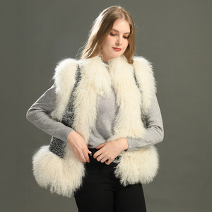 Gilet in <span class=keywords><strong>Tweed</strong></span> con finiture in vera pelliccia per donna Gilet da donna in misto lana senza maniche Gilet in <span class=keywords><strong>Tweed</strong></span> con pelliccia mongoliana - Product Image 6