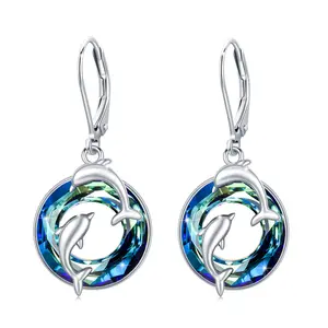 Graduation Gifts Crystal Dolphin Earrings S925 Sterling Silver Double Dolphin Dangle Earrings For Ocean Sea