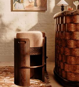 Tabouret de bar vintage en bois teinté foncé, assise en lin, repose-pieds en laiton antique, pour îlot de cuisine - Product Image 6