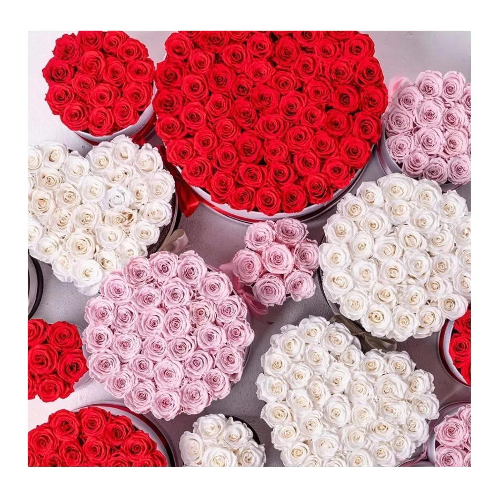 PVC Lid Velvet Round Gift Box Preserved Eternal Rose Flower Wedding Home Decoration Handicraft