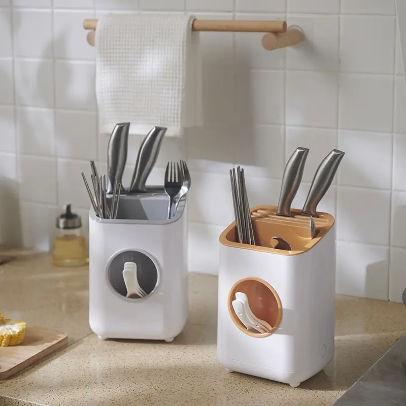 Sumpit pisau dan garpu, peralatan dapur tutup panci kering pengatur peralatan dapur penyimpanan berdiri plastik stok bulat