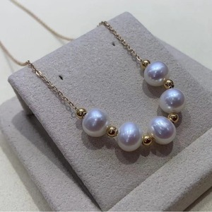 Collar de Perlas Zhuji con Baño de Oro de 14k, Perlas de Agua Dulce Blancas Casi Redondas de 6-7 mm, Cadena de Cuello Estilo Road Tong - Product Image 1