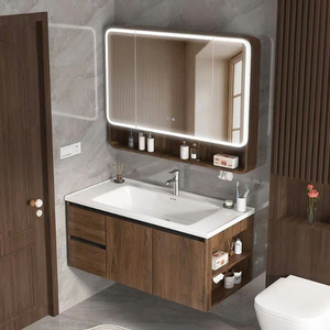 High Quality Walnut Color Bathroom Vanity Mid Century Style Ceramic All-in-one Basin Intelligent Makeup <b>Mirror</b> Cabinet - Product Image 4