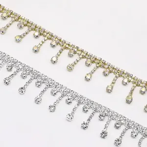 Toptan konfeksiyon aksesuarları için özel kristal dekoratif Rhinestone Fringe Trim konfeksiyon takı dekorasyon