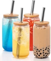 Canette de bière en verre avec couvercles en bambou et pailles en verre, lot de 4 verres de 16oz avec couvercles et pailles, gobelets en verre façonnés