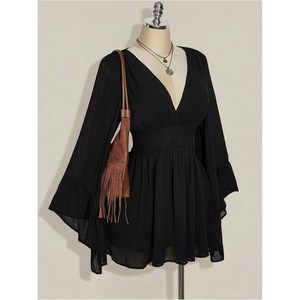 Women's Plus Size Boho Mini <b>Dress</b> Bell Sleeve V Neck <b>Elastic</b> Waist A Line Chiffon Casual Flowy <b>Dress</b> - Product Image 2