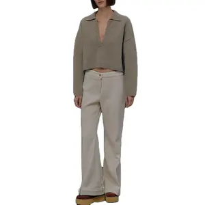 Groothandel Custom Mid-Weight Geweven Tweed Mid Taille Uitlopende Pijpen Tailleband-Zoom Broek Te Koop Hot Broek Voor Vrouwen