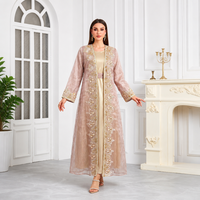 Ensemble de deux pièces kaftan brodé pour femmes, robe longue musulmane à manches longues, abaya dorée avec perles, pour l'Aïd, le Ramadan, l'hiver, en polyester, vente en gros