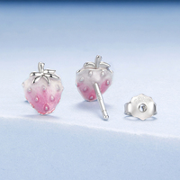 Boucles d'oreilles clous fraise en argent sterling 925, émail rose dégradé, plaqué rhodium or blanc, bijoux cadeau pour femme, idéal pour les fêtes BSE1189