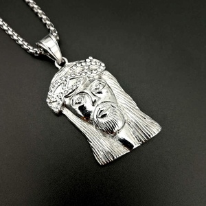 Hiphop Grande Petite Taille Plaqué Or Cristal Diamant Tête de Jésus Collier Pendentif Bijoux Religieux pour Couple - Product Image 4