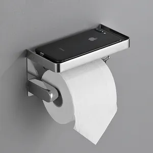 SUS304 Stainless Steel Modern Wall Mount Bathroom Toilet Tissue Paper Roll Holder With Mobile Phone Shelf