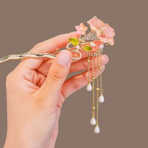 Épingle à cheveux en métal ornée de fleurs en strass et de pompons de perles pour femmes chinoises, accessoire de coiffure de mariée, fourche à cheveux, outil de coiffage de mariage - Product Image 2